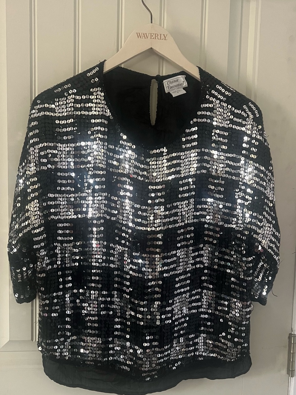 Vtg chance encounters silver Black Sequin Short-Sleeve Blouse